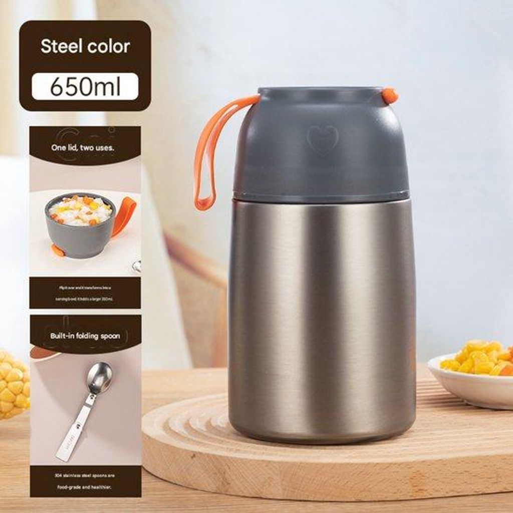 Isolierende Stahl-Lunchbox, graue Behälter für warme Gerichte und kalte Getränke, 650 ml