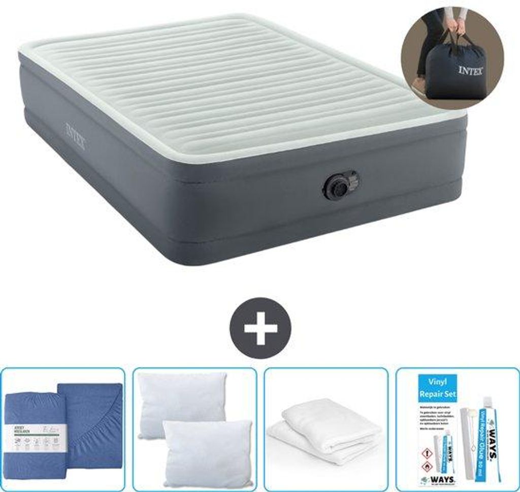 Doppelbett - 2 Personen - 152 x 203 x 46 cm - Grau - Beinlatten - Kissen - Reparatursatz und Kissenbezug