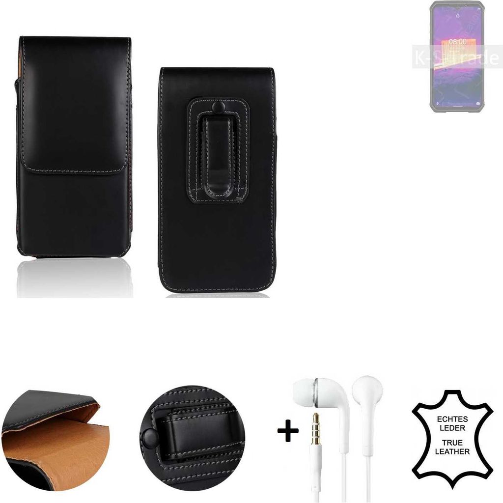 K-S-Trade Leder Gürteltasche + Kopfhörer kompatibel mit Ulefone Armor 9 Seitentasche Belt pouch Holster Handyhülle Schutz Hülle Etui schwarz 1x