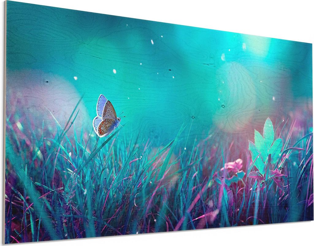 DEQORI Holzbild 100x50 cm 'Märchenhafte Wiese' Bild auf Holz Wandbild Kunstdruck