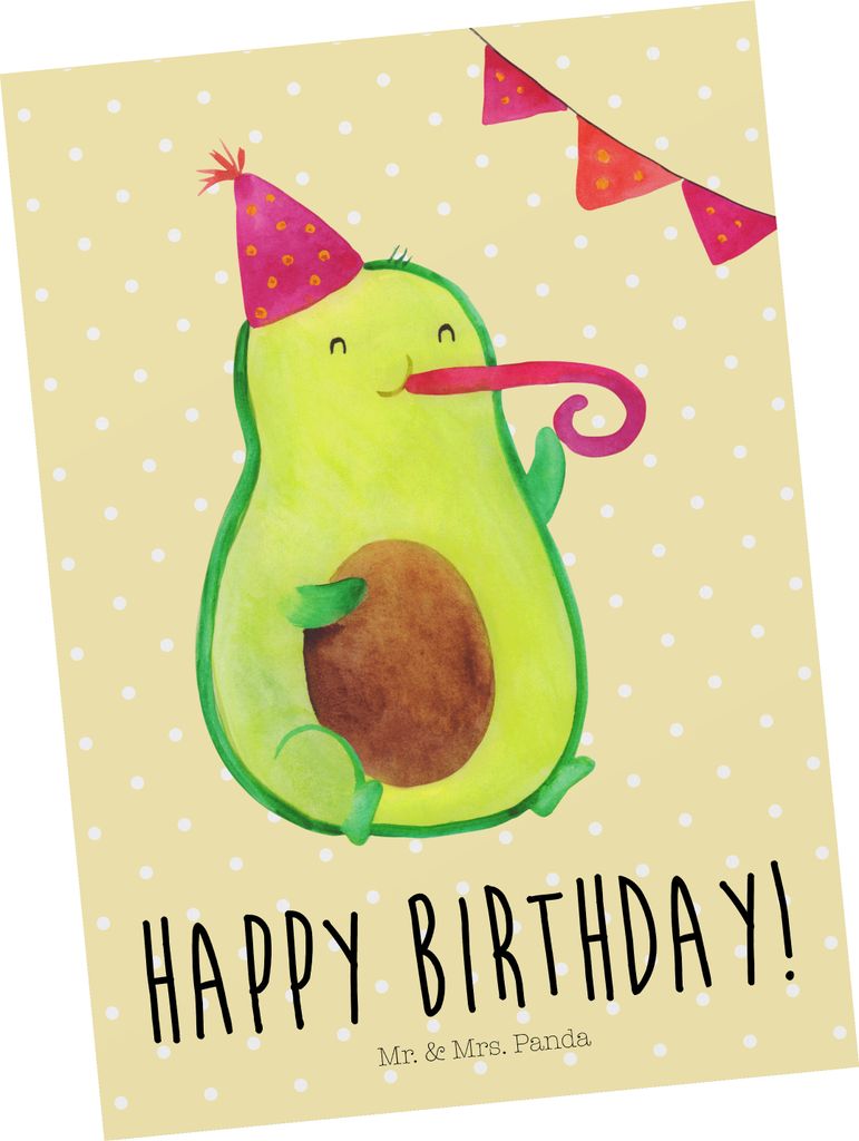 Mr. & Mrs. Panda Grußkarte Avocado Geburtstag - Gelb Pastell - Geschenk, Postkarten, Alles Gute, Postkarte, Happy Birthday, Party, Ansichtskarte, ...