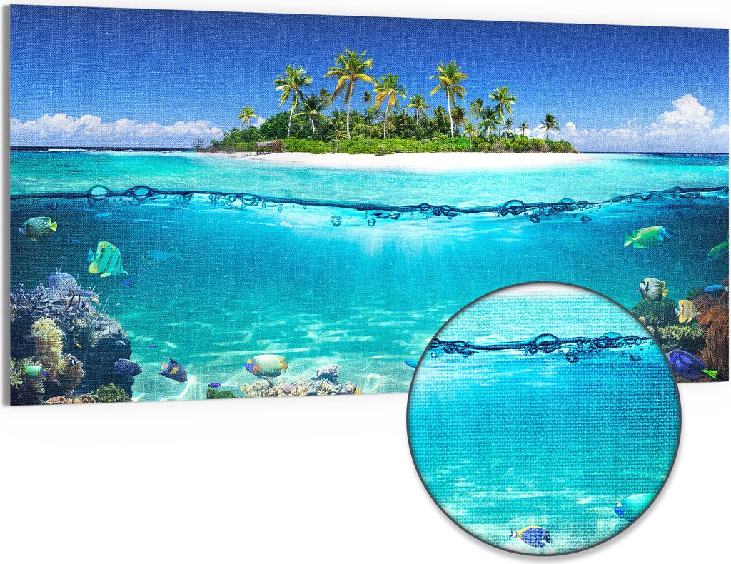 DEQORI Hybrid Leinwand Bild 100x50 cm 'Insel im tropischen Meer' Wandbild Glas flach modern