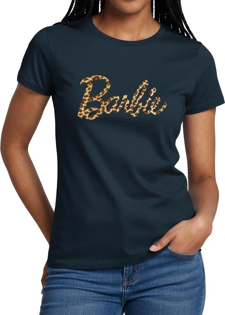 Spreadshirt Barbie Leo-Print Logo Frauen T-Shirt, S, Navy