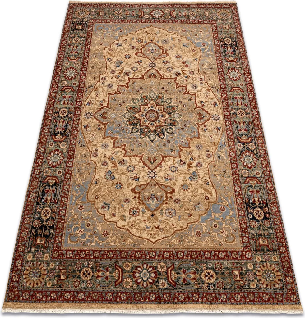 Tapis KESHAN 7519/53555 Beige et Bleu Foncé en Laine, 80x145 cm