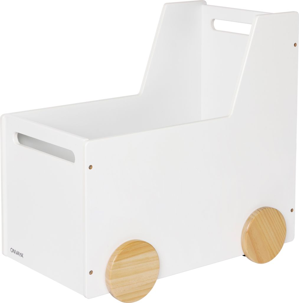 ONVAYA Spielzeugkiste aus Holz | Weiß | Lauflernwagen mit Gummirädern | Geräuscharm | individuell gestaltbar | kinderleichter Zusammenbau