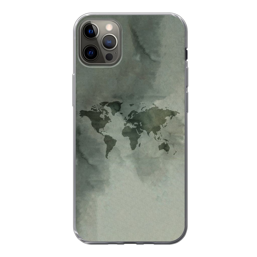 MuchoWow Handyhülle Schutzhülle Hülle für iPhone 13 Pro Max Weltkarte - Grün - Grau Silikon Softcase Handy Hülle - Mobiltelefon