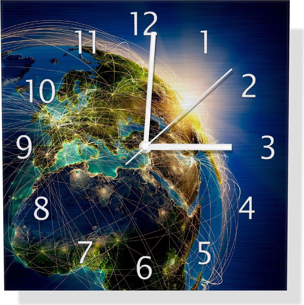 Wallario Design Wanduhr Erde im Weltall im Sonnenschein aus Aluverbund, Größe 30 x 30 cm