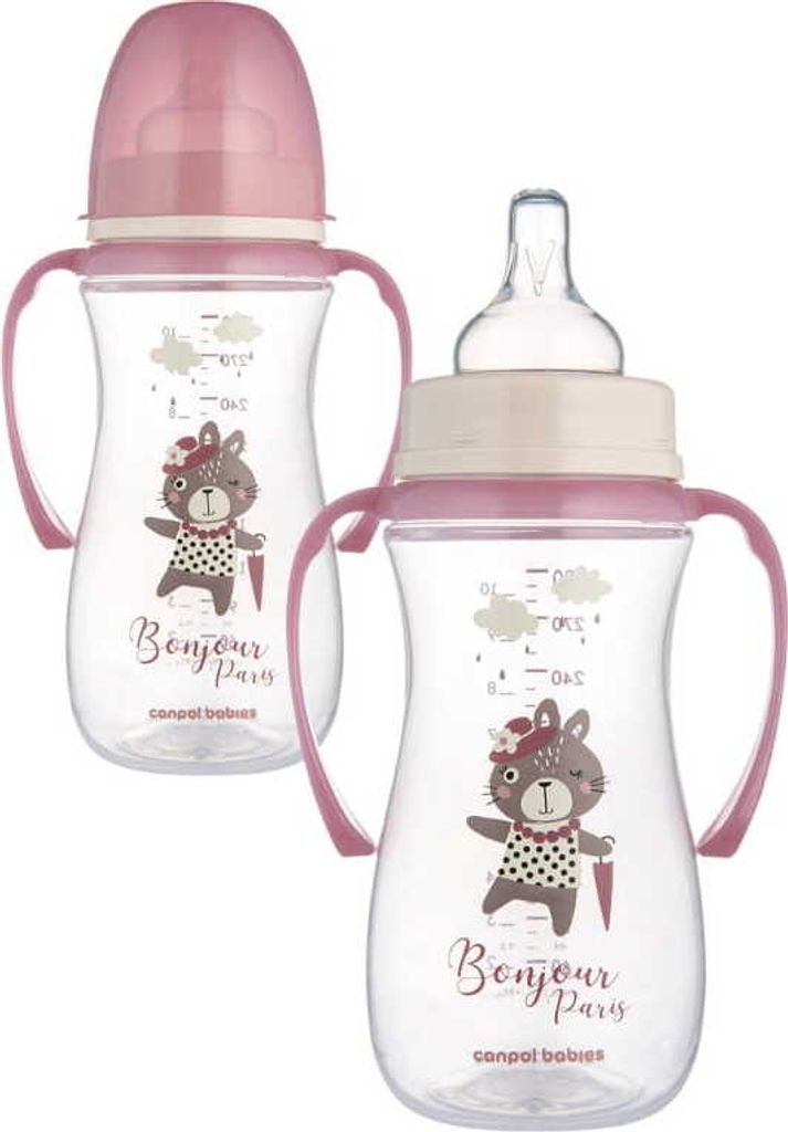 Two baby bottles with handles and cartoon bunny illustrations.