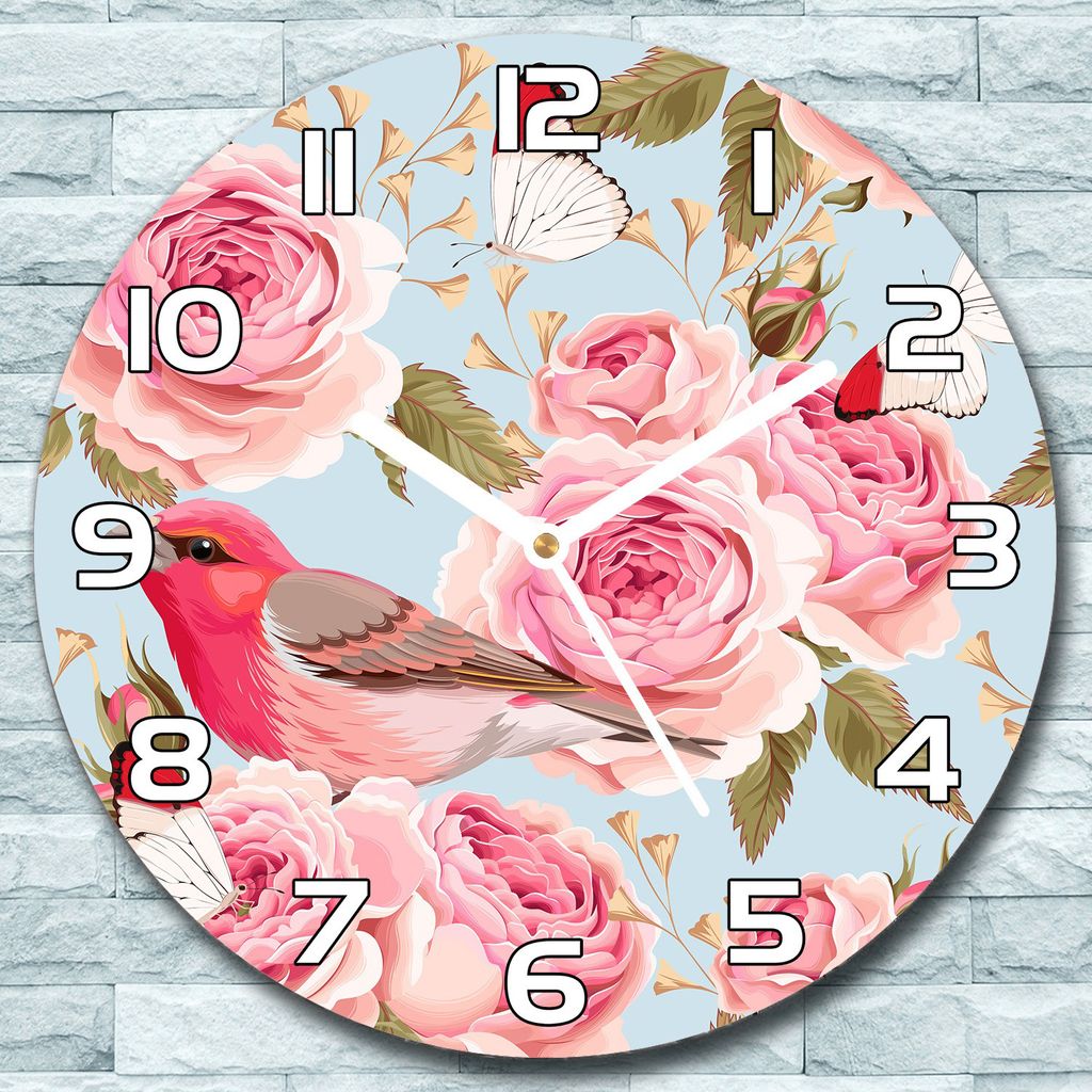 Wanduhr aus Glas Rund fi 30 Englisch Rosen Vögel Quarz Deko Schlafzimmer Büro