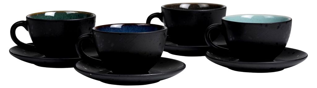 Tassen, Kaffeetassen mit Untertasse, Steingut, 24 cl, 4er-Set, Blau, Grün, Hellblau, Grau