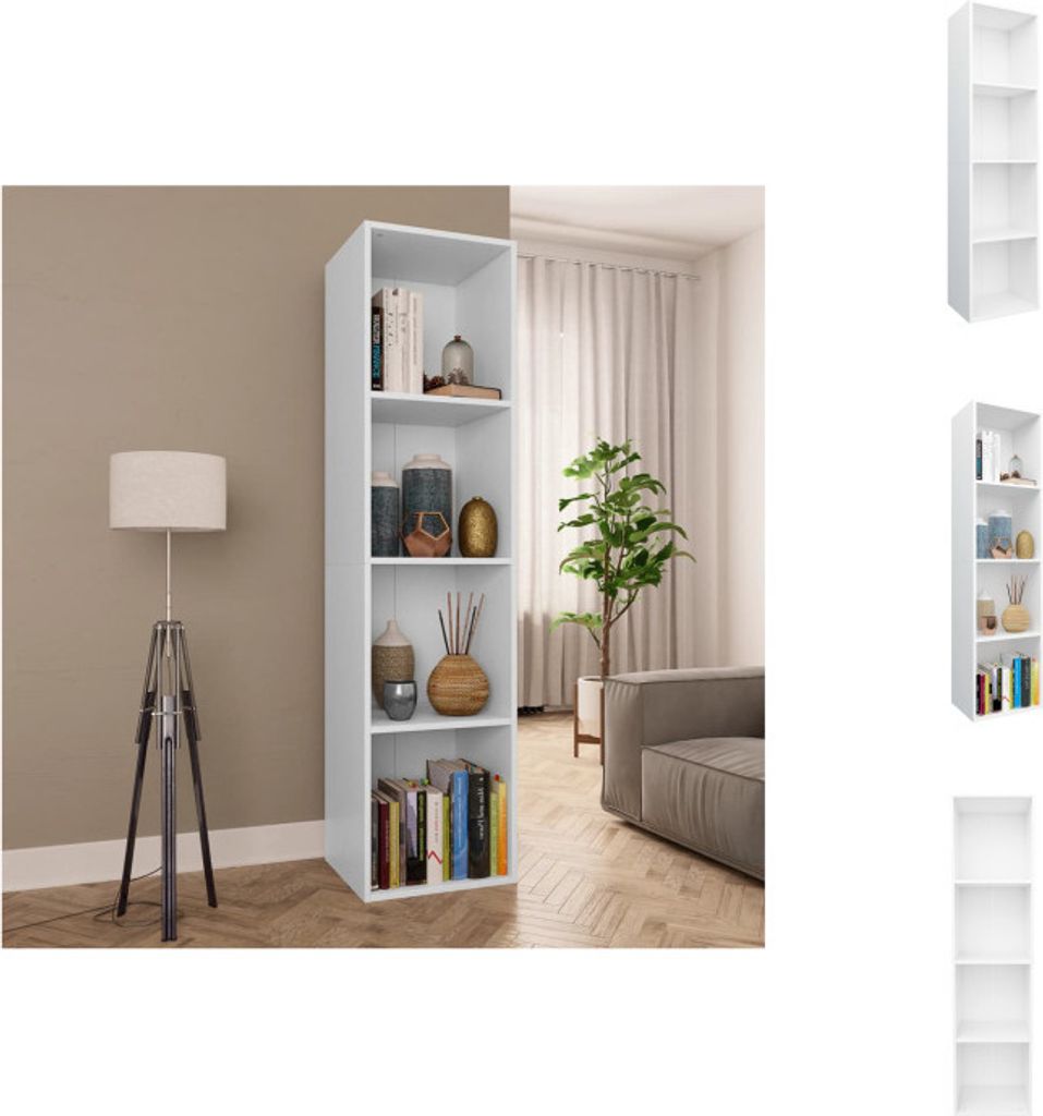 A white bookshelf filled with books and decorative items, placed in a room with a floor lamp and a sofa.