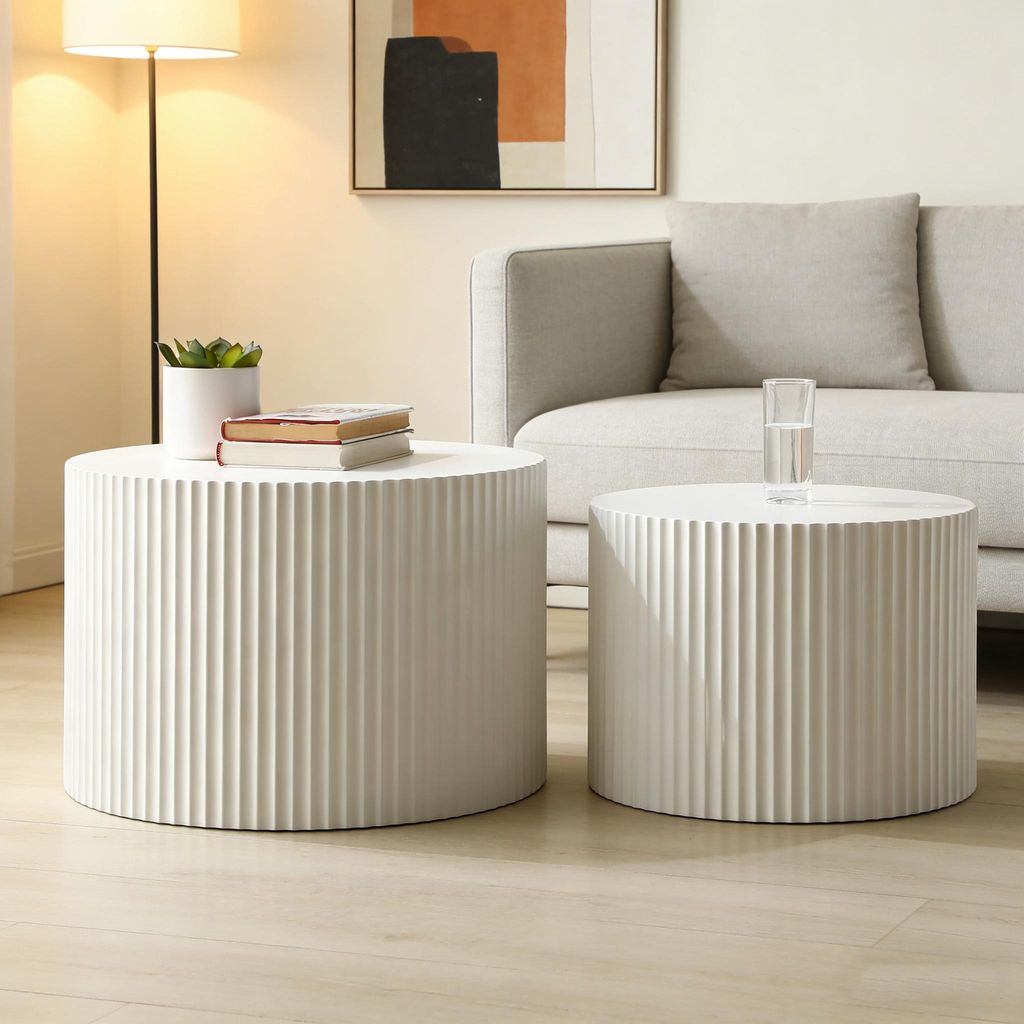 Couchtisch Set 2-teilig, runde Couchtische mit Fluted-Design, modern & minimalistisch, weiß, für Wohnzimmer, Büro & Schlafzimmer
