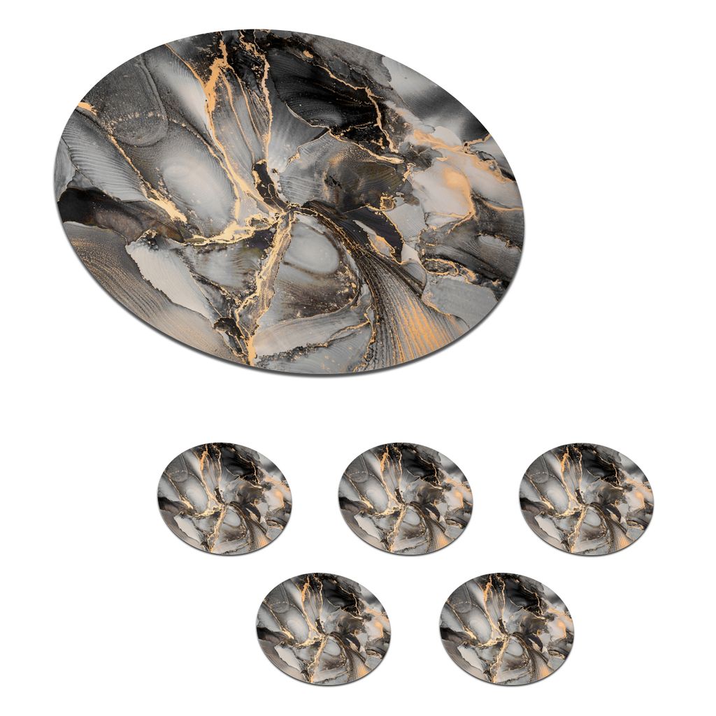 KitchenYeah Glasuntersetzer Rund 6er Set Grau - Luxus - Gold - Marmor 10x10 cm Untersetzer für Gläser - Getränkeuntersetzer - Tischplattenschu...