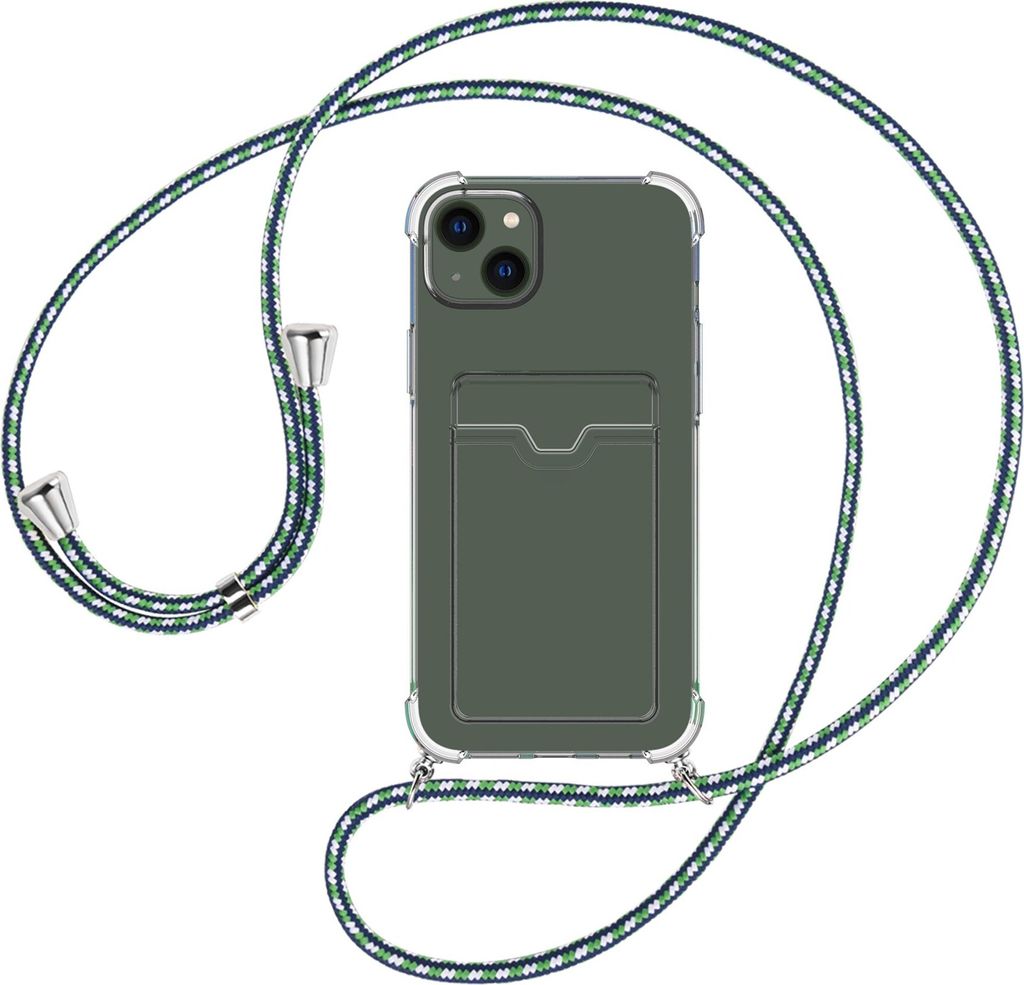 Handykette Backcover-Schutzhülle mit Band (Metall silberfarben) für Apple iPhone 15 Plus - grün/blau/weiß