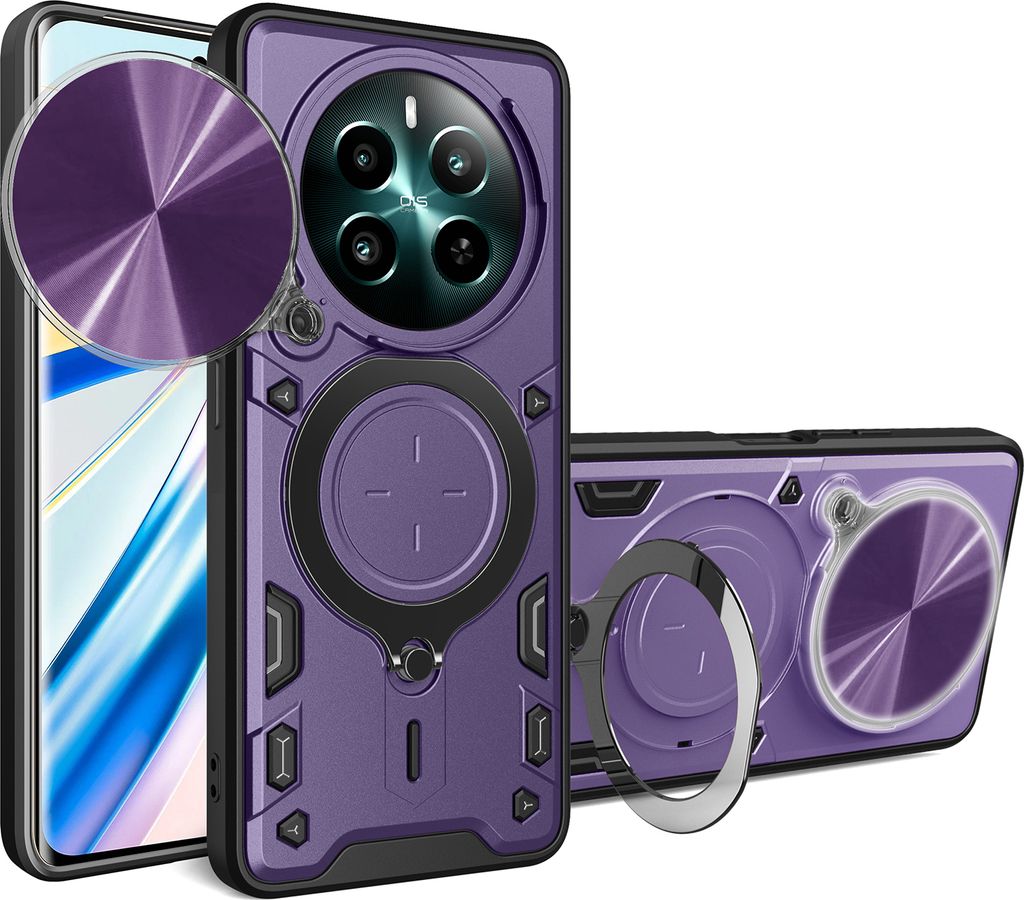 Handyhülle für Realme 12+ Dual-Layer Stoßfest Rüstung Hülle mit Dia Kameraschutz und Kreisförmig Ring Ständer Lila
