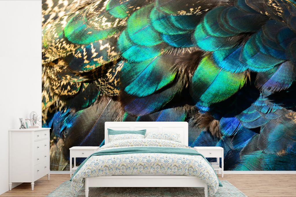 MuchoWow Fototapete für Wohnzimmer oder Schlafzimmer Wandtapete Vinyl Motivtapete Federn - Pfauenfedern - Pfau - Blau - Kunst - 525x350 cm - Das...