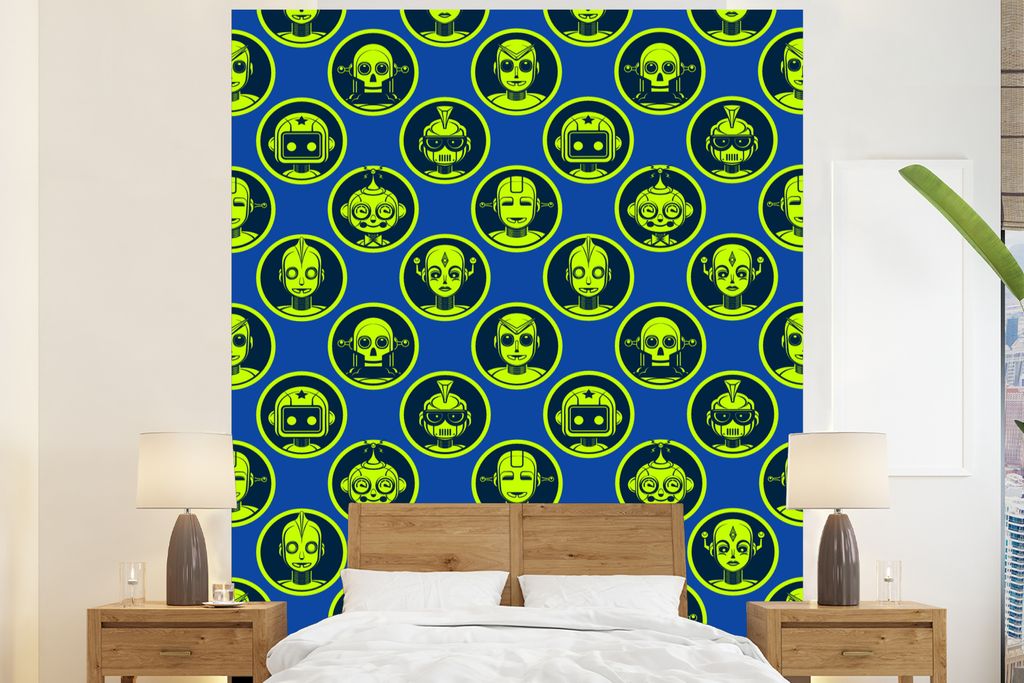 MuchoWow Fototapete für Wohnzimmer oder Schlafzimmer Wandtapete Vinyl Motivtapete Muster - Roboter - Gelb - Blau - Jungen - Kinder - Kleiner Jun...