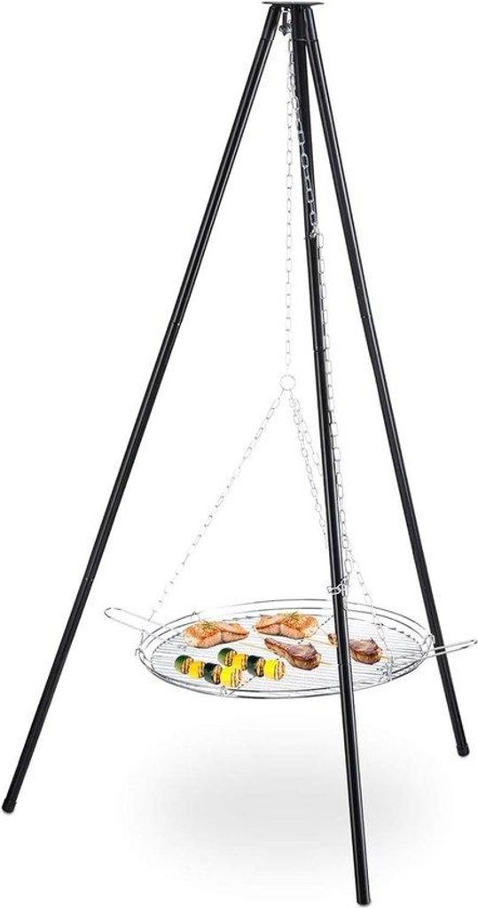 Drei-Fuß-Brauerei mit Dach und Ketten - Höhe verstellbar - Abmessungen: 151 x 100 cm - Silber-Schwarz Grill