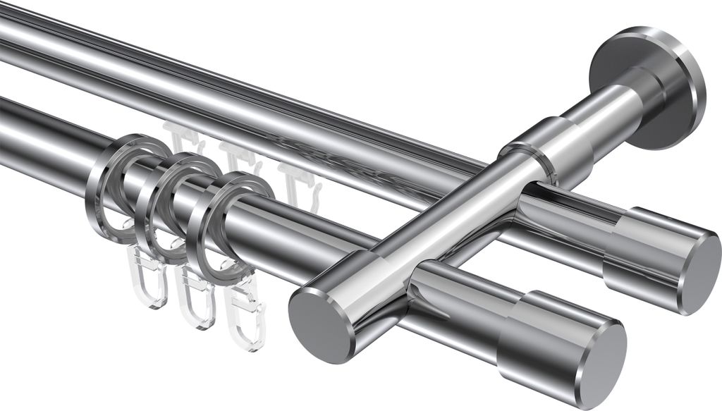 Interdeco Rundrohr-Innenlaufstange / Gardinenstange (Kombination) Chrom, Typ Prestige Santo (Kappe), 20 mm Ø 2-läufig, 600 cm