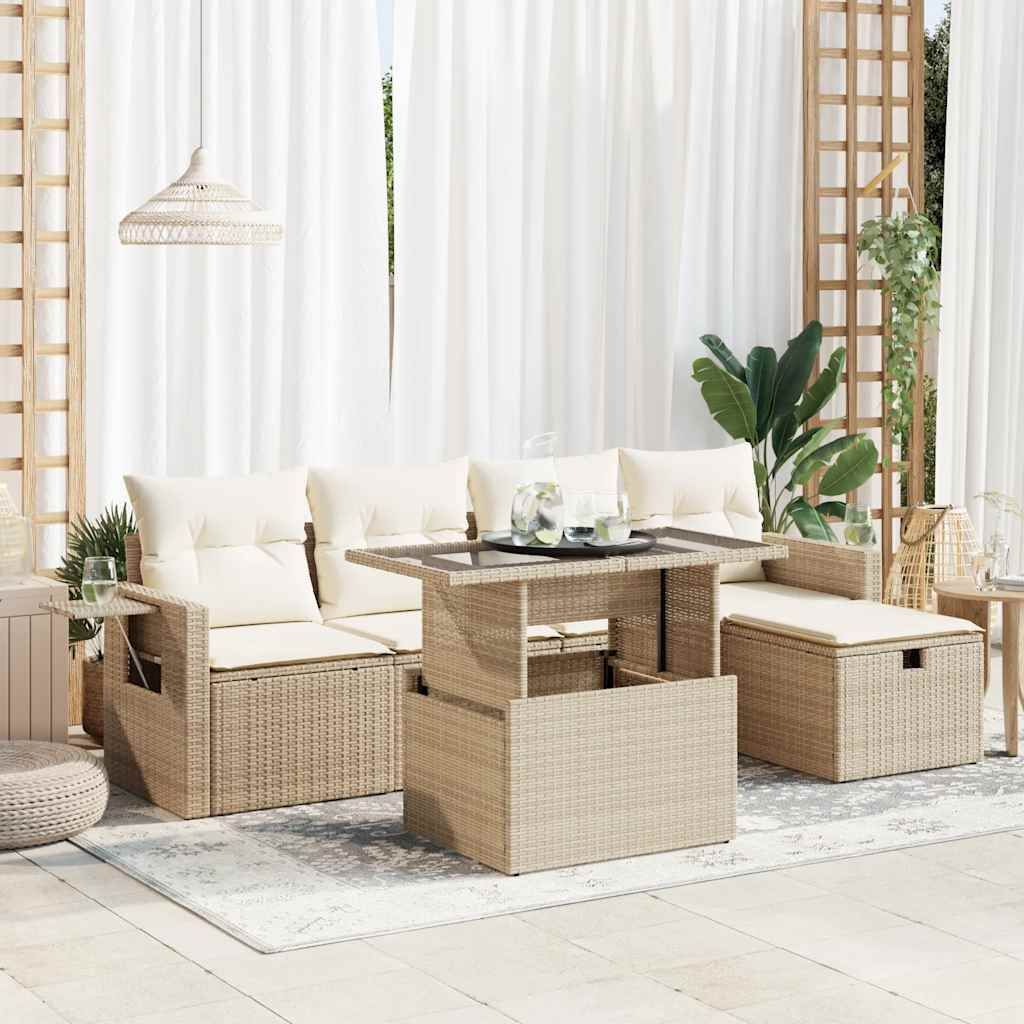 "2026 Promotion" 6-tlg. Garten-Sofagarnitur/Terrassenmöbel - mit Kissen - Beige Poly Rattan - Gartenmöbelset CC18399