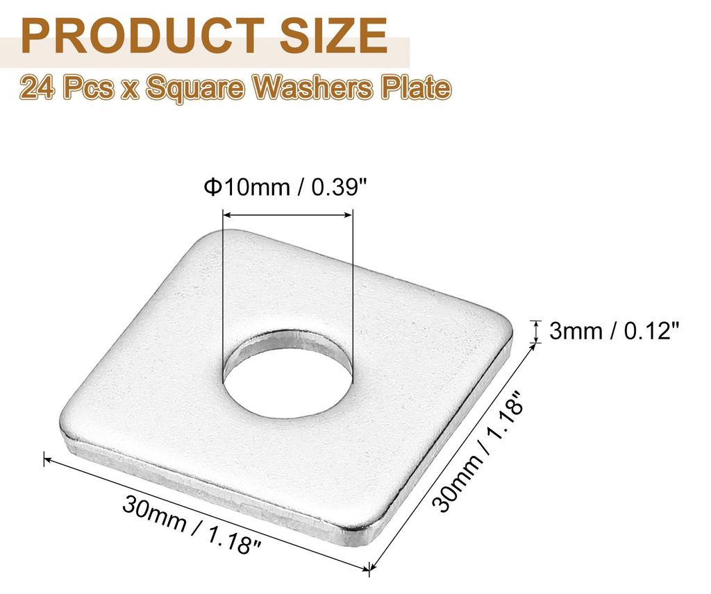 24 Stš¹ck Vierkantscheibe, Quadratische Unterlegscheibe M10 x 30 x 3mm, Edelstahl Vierkantplatte, Rechteckige Unterlegscheibe flach, mit Rundem L...