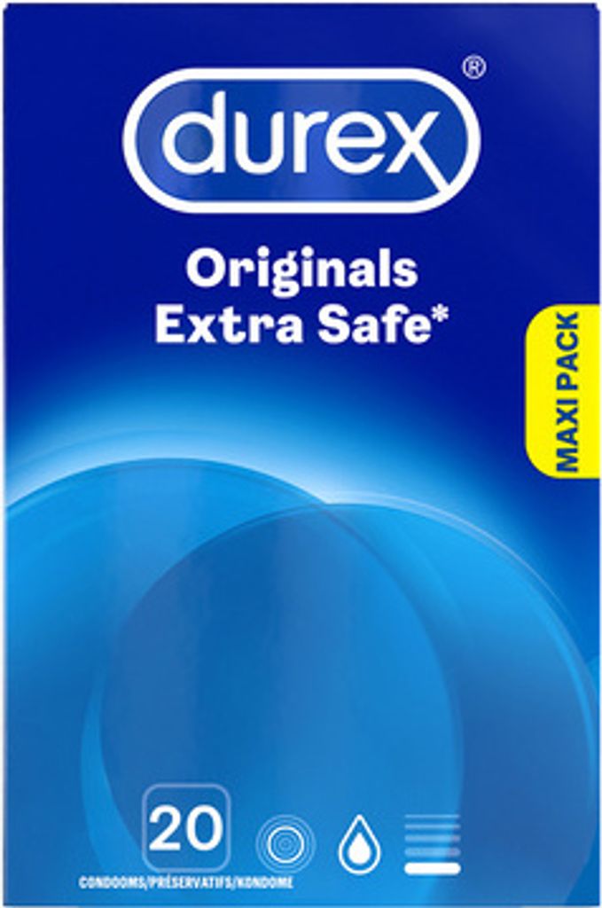 A box of Durex Originals Extra Safe condoms.
