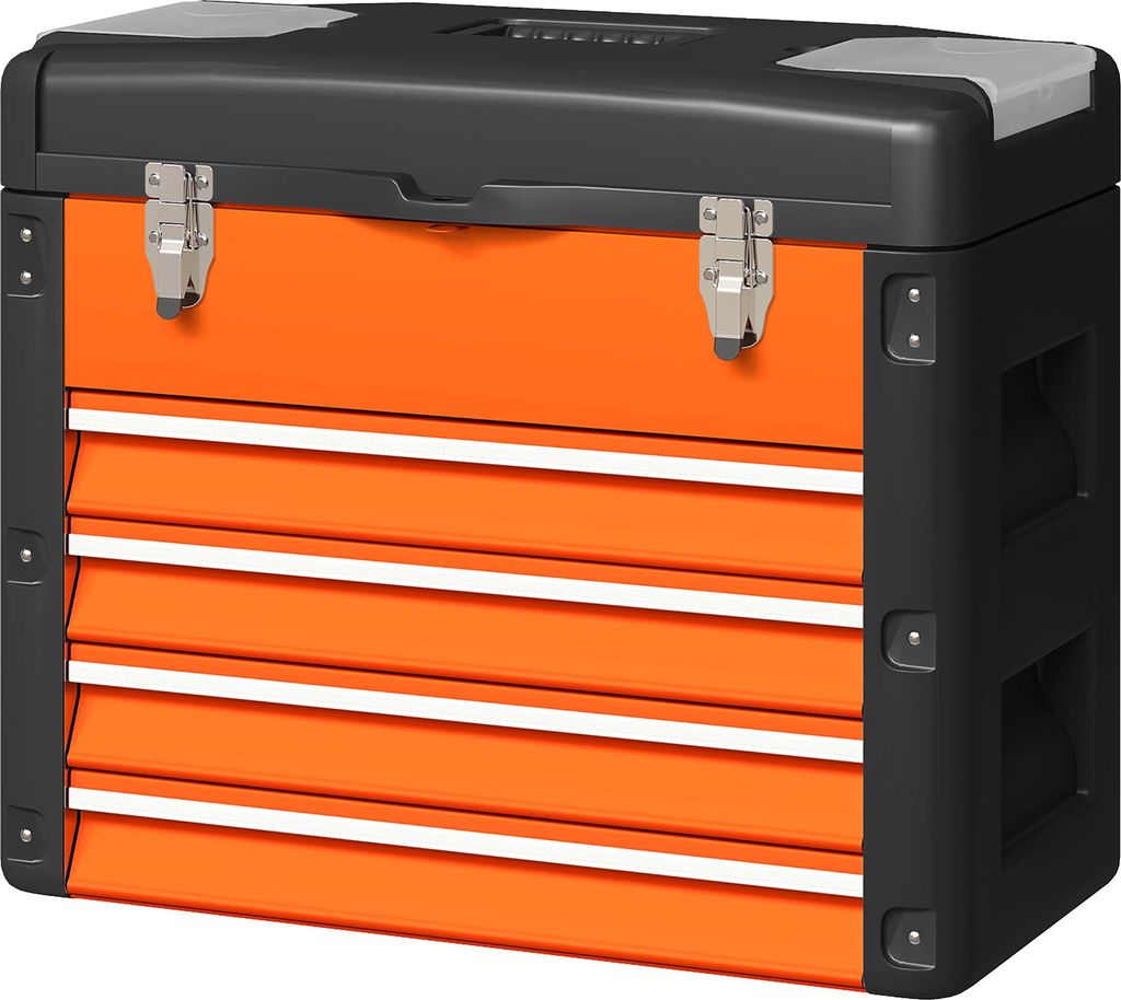 Werkzeugkiste leer, 49,7 x 25,3 x 40,7 cm Werkzeugkasten mit 4 Schubladen, Mini-Box Stahl Orange