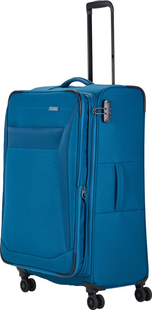 A blue Travelite trolley suitcase is shown against a white background.