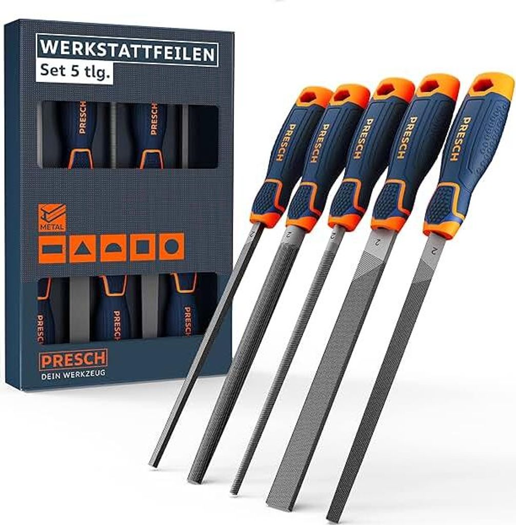 Presch Werkstattfeilen Set 5tlg. - Hochwertiges Metallfeilen Set mit Hieb 2 inkl. Flachstumpffeile, Halbrundfeile, Rundfeile, Dreikantfeile und Vie...