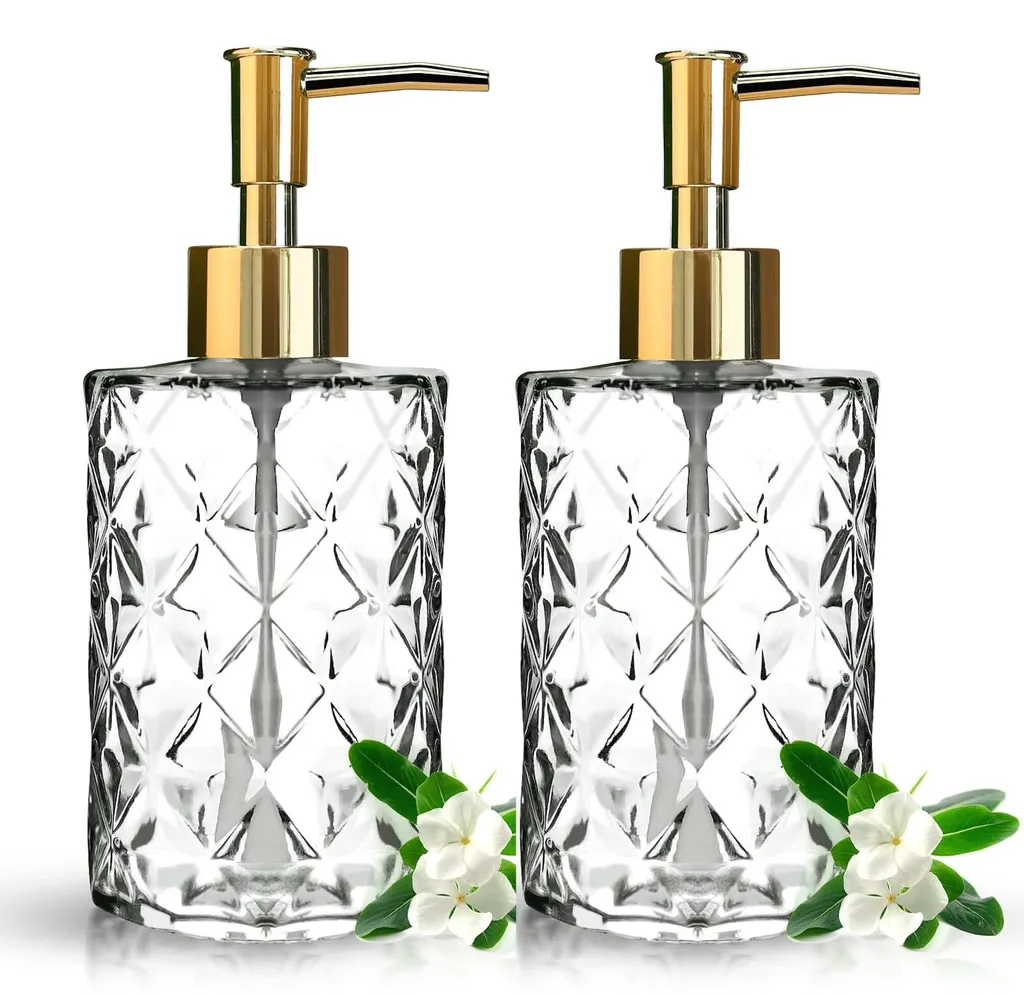 Accessoire de salle de bain : distributeur savon verre noir et or 330 ml