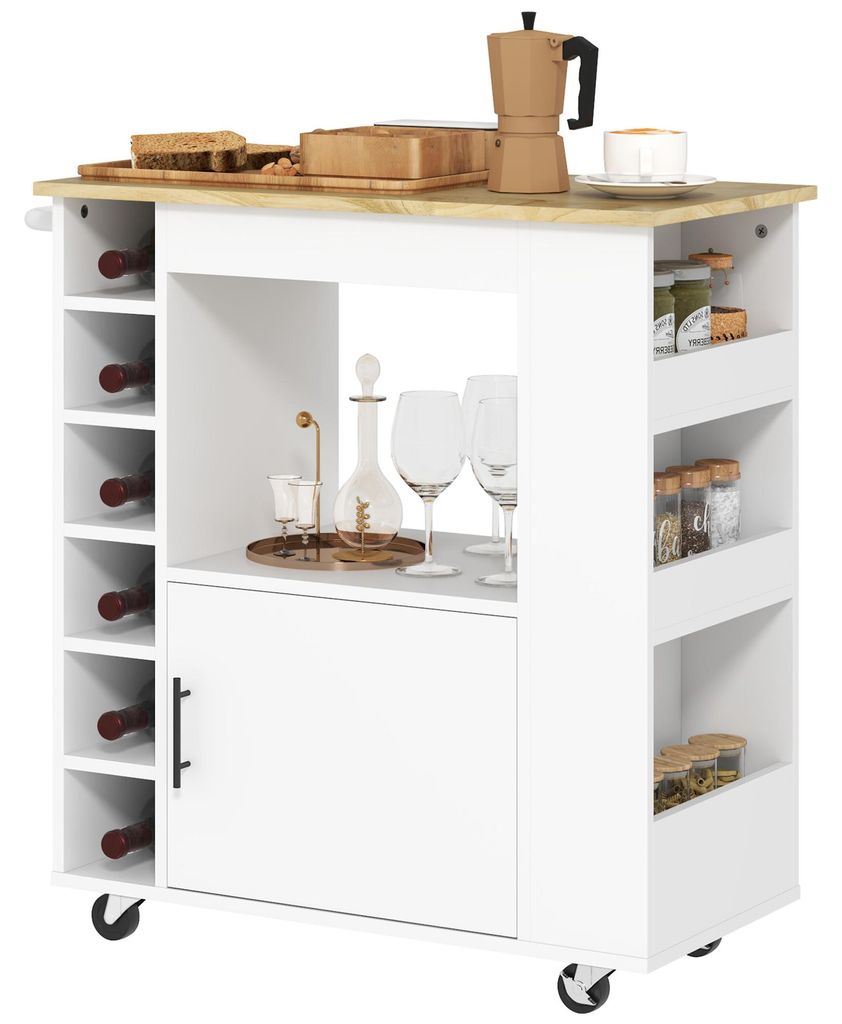 HOMCOM Küchenwagen Servierwagen mit Schrank, Arbeitsplatte, Ablagen, Weinregalen