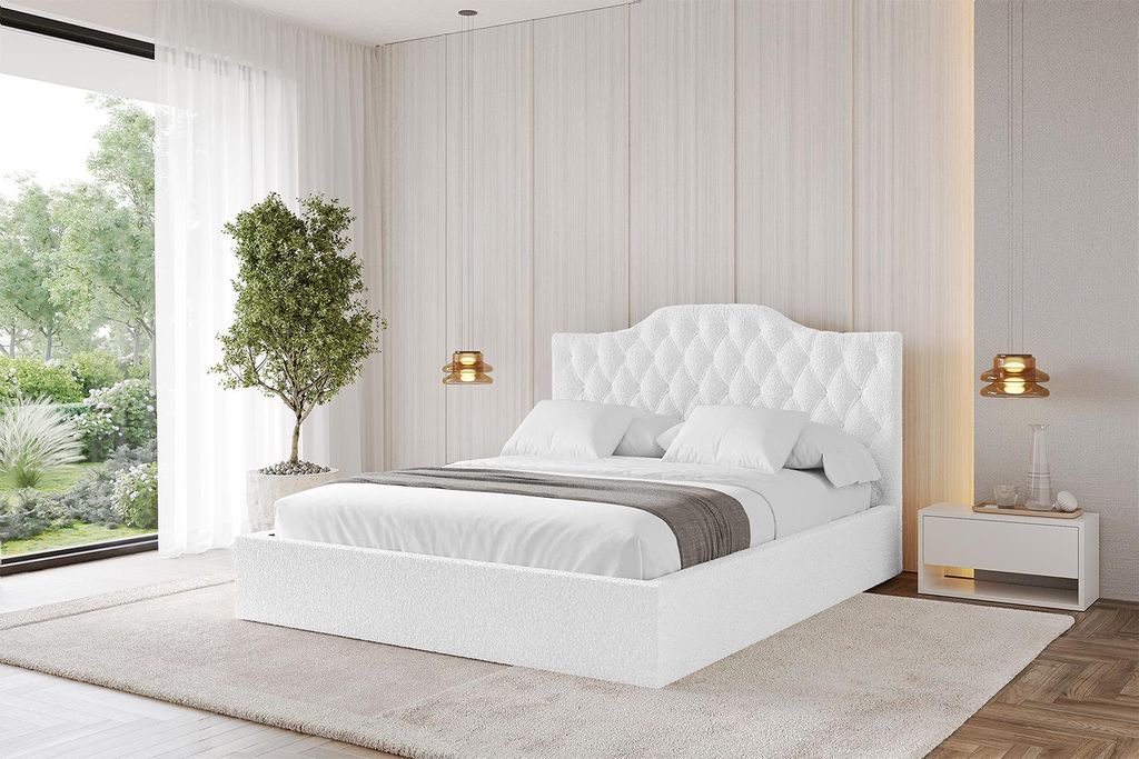 ALTDECOR Polsterbett mit Bettkasten - FALIO - 120x200 Weiß - Bett mit Matratze H3/H4, Kopfteil, Boxbett, Lattenrost, Doppelbett mit Stauraum