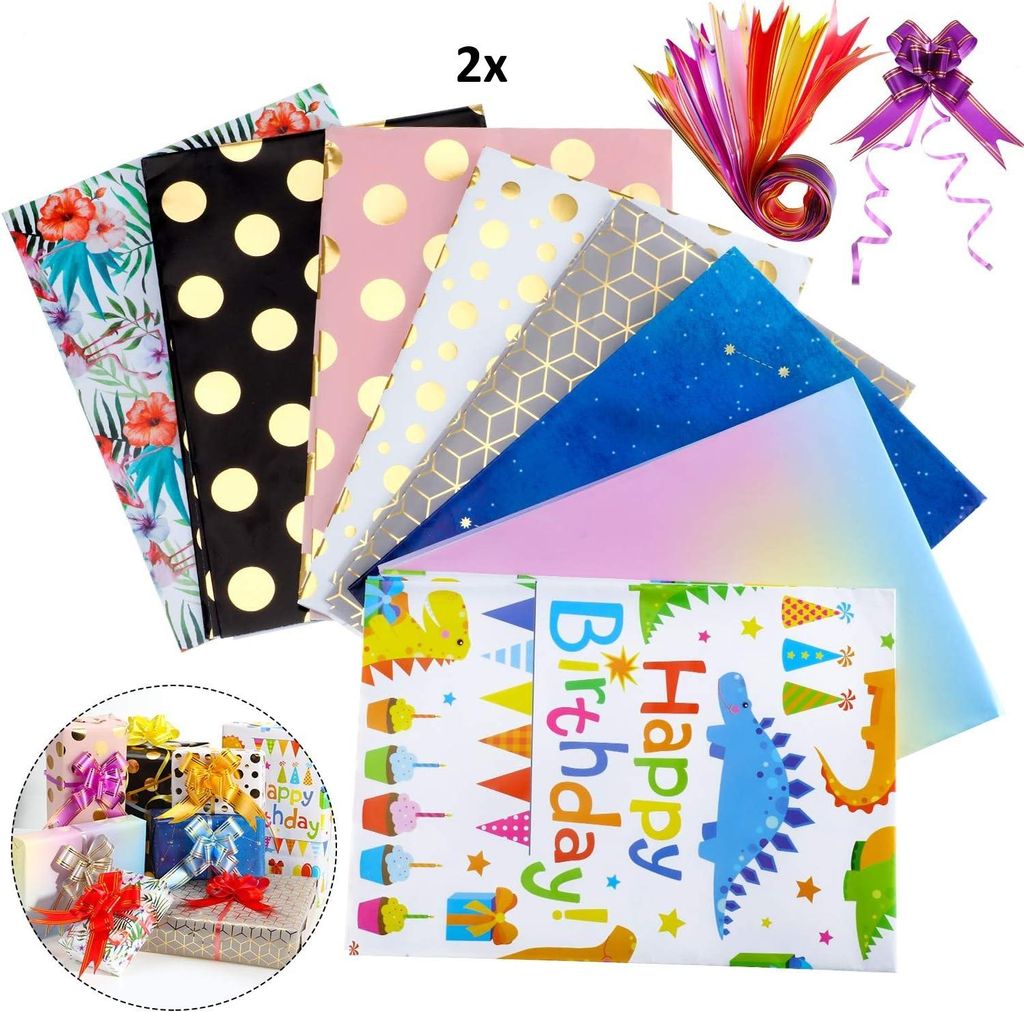 16 Stück Geschenkpapier 70 x 50 cm mit 24 Stück bunte Schleifen für jede Anlass, Geburtstag, Hochzeit, Baby, Kinder, Halloween, Weihnachten und ...