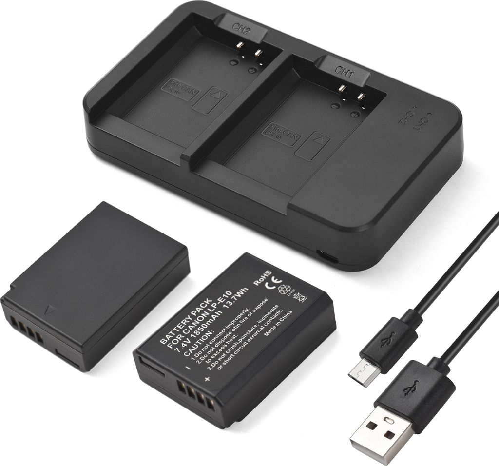Kamera LP-E10 Akku- und Ladegeraet-Set mit 2-Schlitz-Akkuladegeraet + 2 Stueck LP-E10 Akkus 7,4 V 1850 mAh + USB-Ladekabel Ersatz fuer Canon EOS Re...