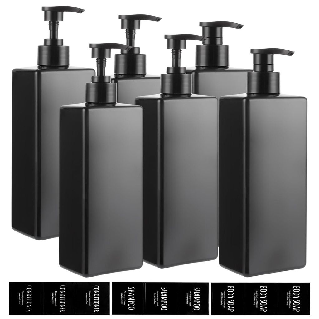 Set mit 6 schwarzen Seifenspendern fürs Badezimmer – 500 ml nachfüllbare Pumpflasche – Nachfüllbare Shampooflaschen – Quadratische Kunstst...