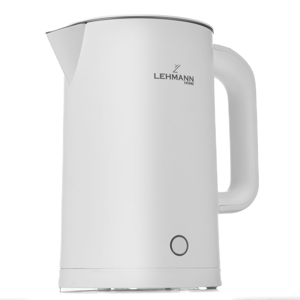 A white electric kettle with a black trim around the lid and a black circular indicator light near the base. The brand name 'LEHMANN HOME' is visible in black text on the body of the kettle.