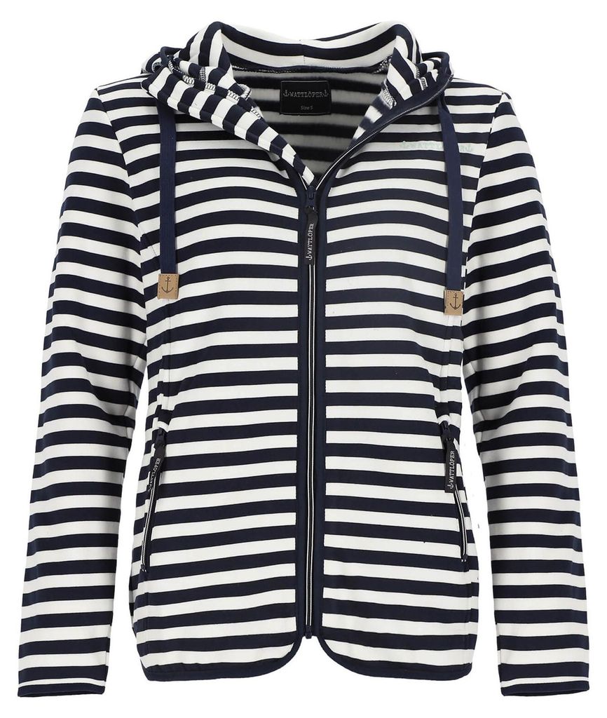 Wattlöper Damen Strickfleecejacke im Streifen-Design - Gestreifte Fleecejacke mit Kapuze in Dunkelblau-Weiß Größe XXL