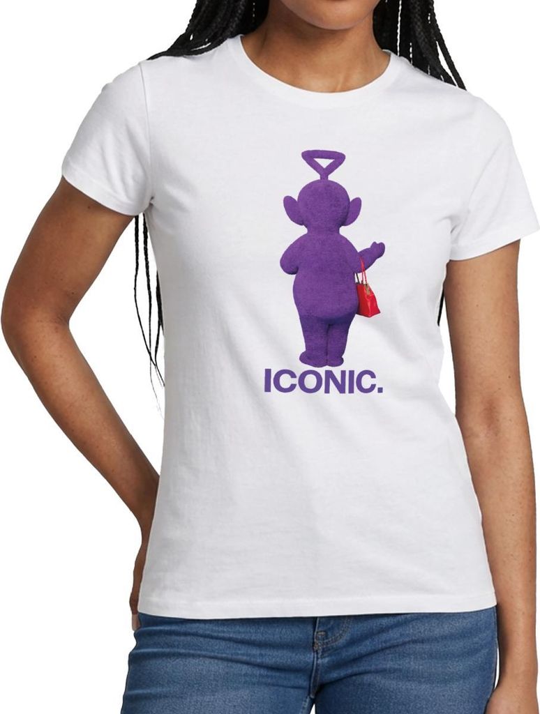 Spreadshirt Teletubbies Iconic-Design Tinky Winky & Handtasche Frauen T-Shirt, XL, Weiß