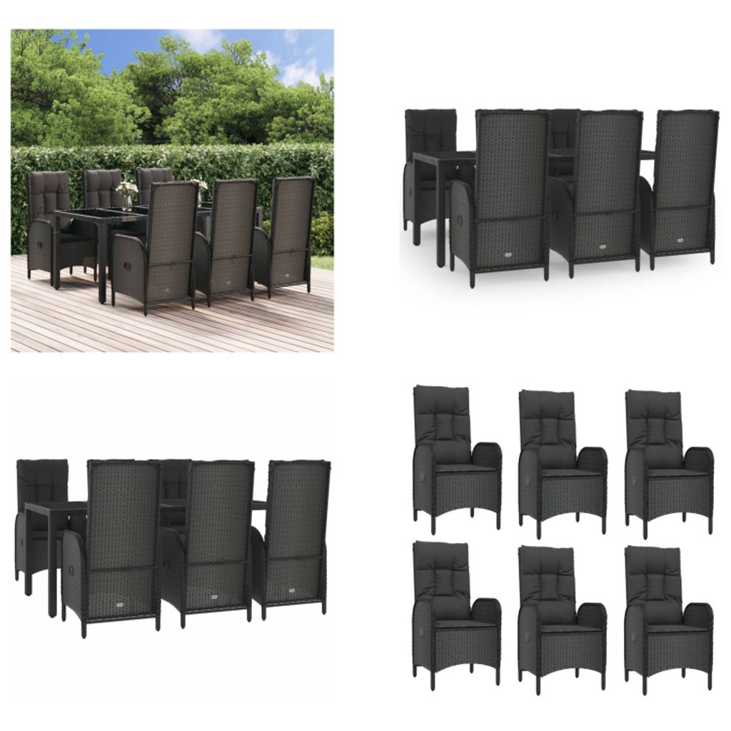 vidaXL 7 tlg. Garten Essgruppe mit Kissen Schwarz und Grau Poly Rattan - Garten Essgruppe - Garten Essgruppen - Essgruppe - Essgruppe Terrasse