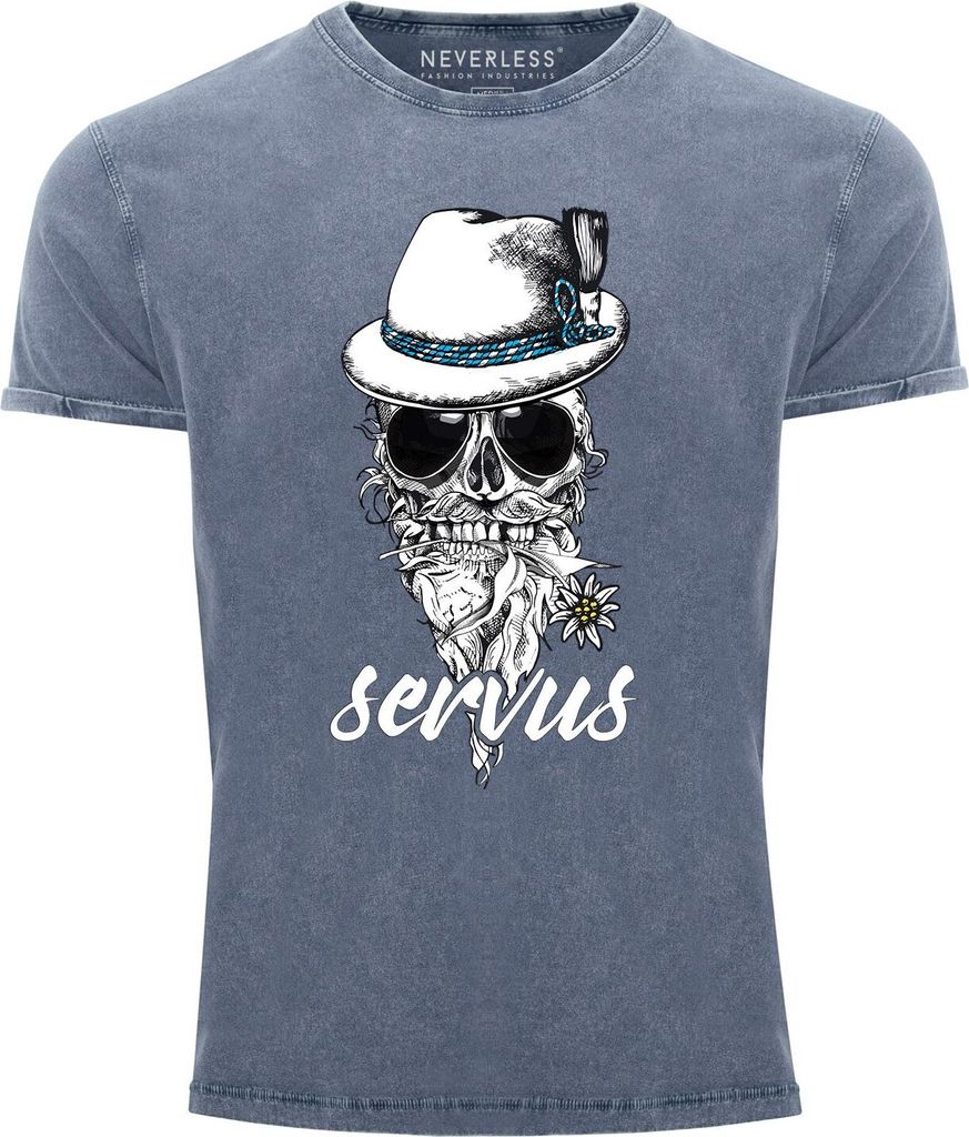 Cooles, lustiges Angesagtes Herren T-Shirt Vintage Shirt Servus Skull Totenkopf Aufdruck Used Look Slim Fit Neverless blau 3XL