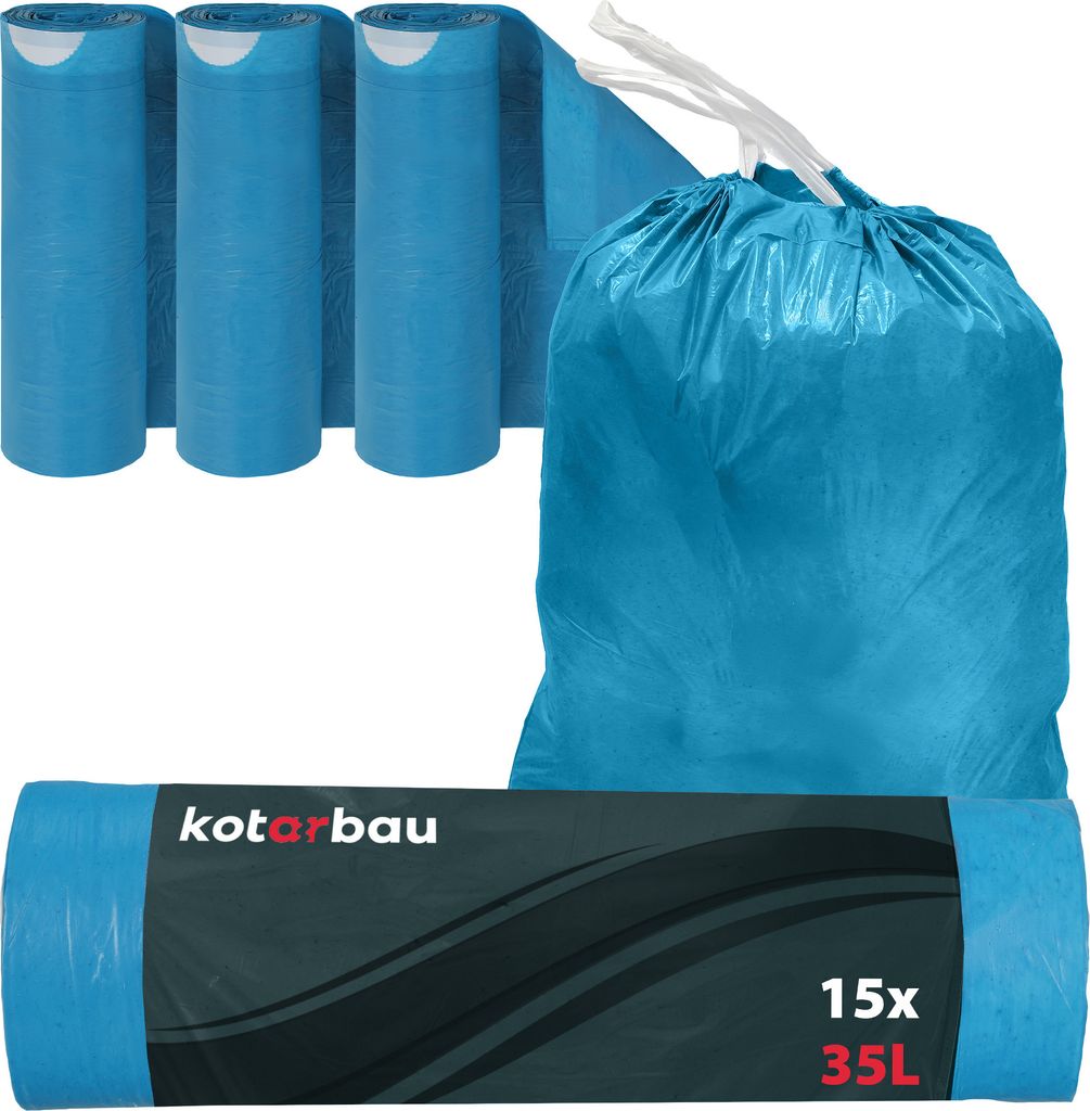 KOTARBAU 3er Set. Müllbeutel 35L mit Zugband Blau Müllsäcke Müllbeutel reißfest Mülltüte Abfallsäcke Hausmüllsack Müllsäcke mit Zugban...