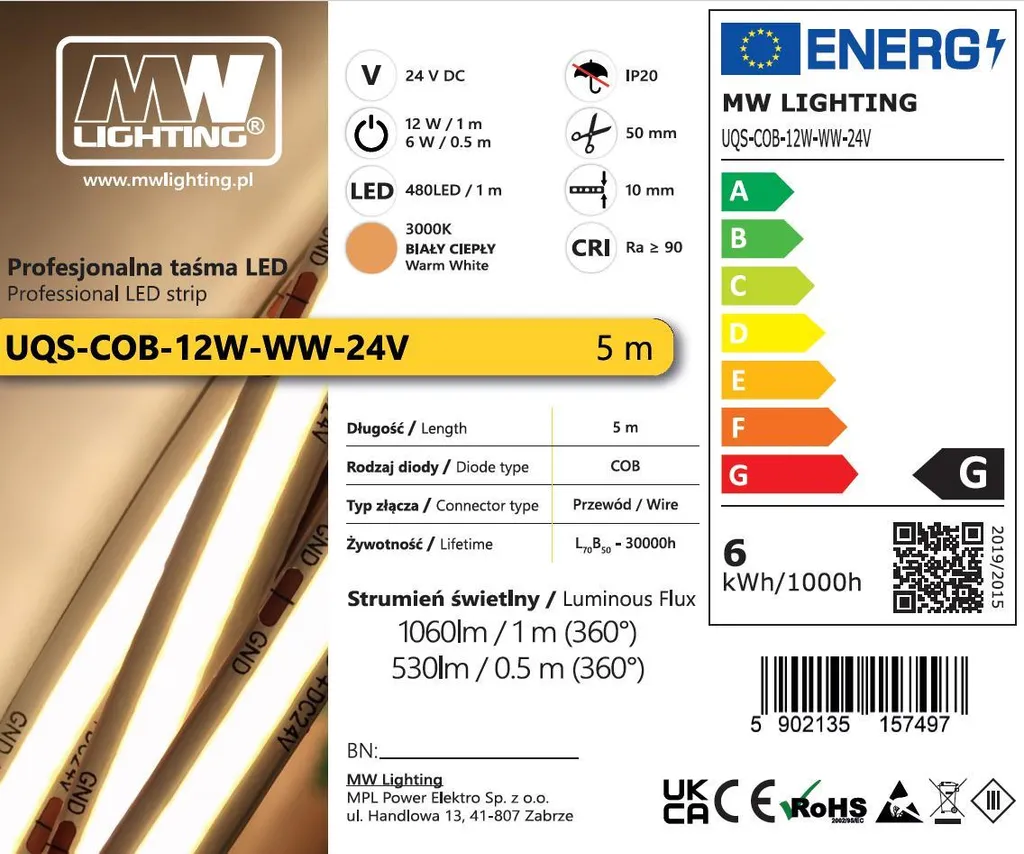 Striscia LED COB 12W 480 chip/m 24V bianco caldo 5m