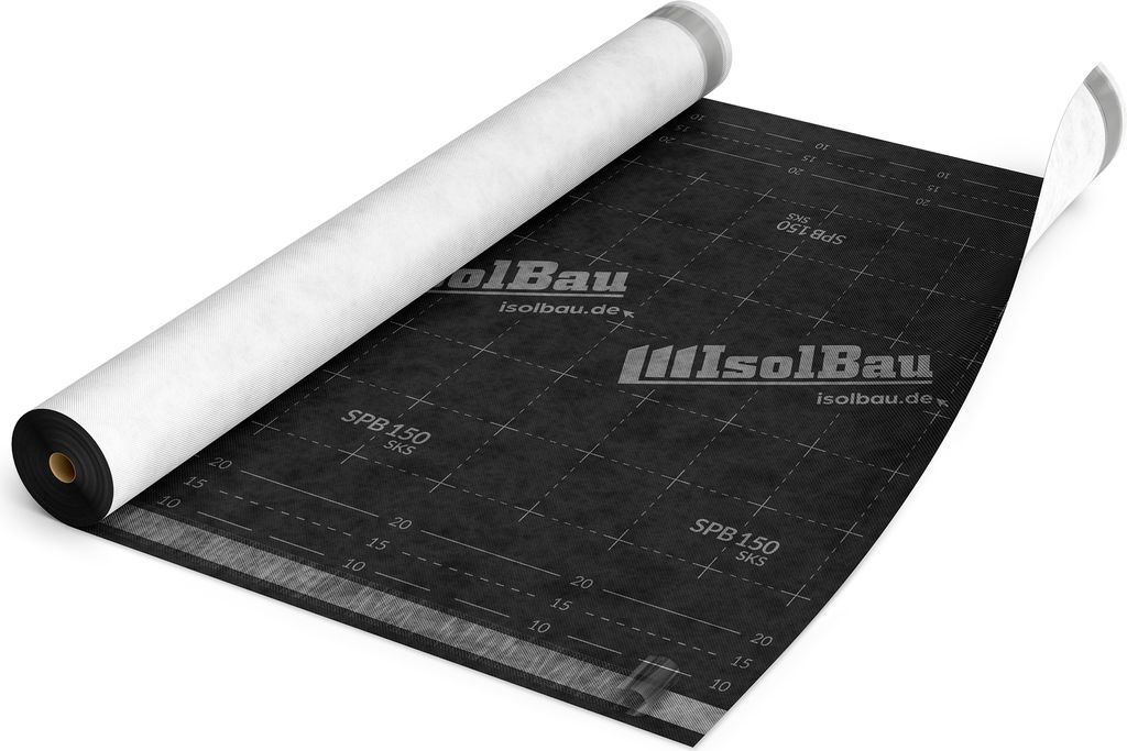 A roll of black underlayment material with grid markings and branding, partially unrolled on a white surface.