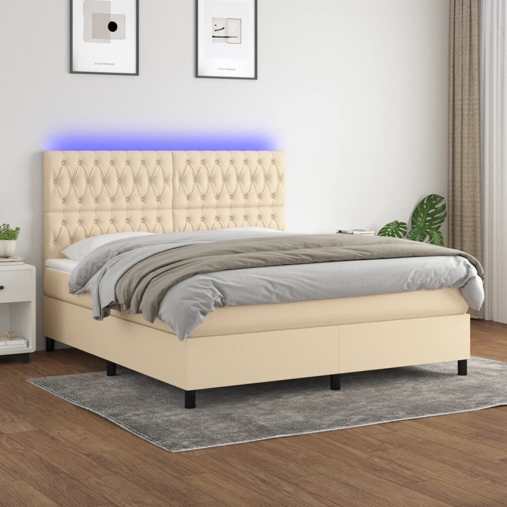 The Living Store Boxspringbett mit Matratze & LED Creme 160x200 cm Stoff