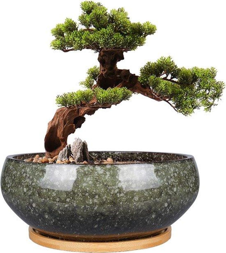 Keramische Bonsai-Topf 20 cm - Glanzend, Tiefe Succulenten-Topf mit Abflussloch und Bambus-Unterlage für Zimmerpflanzen