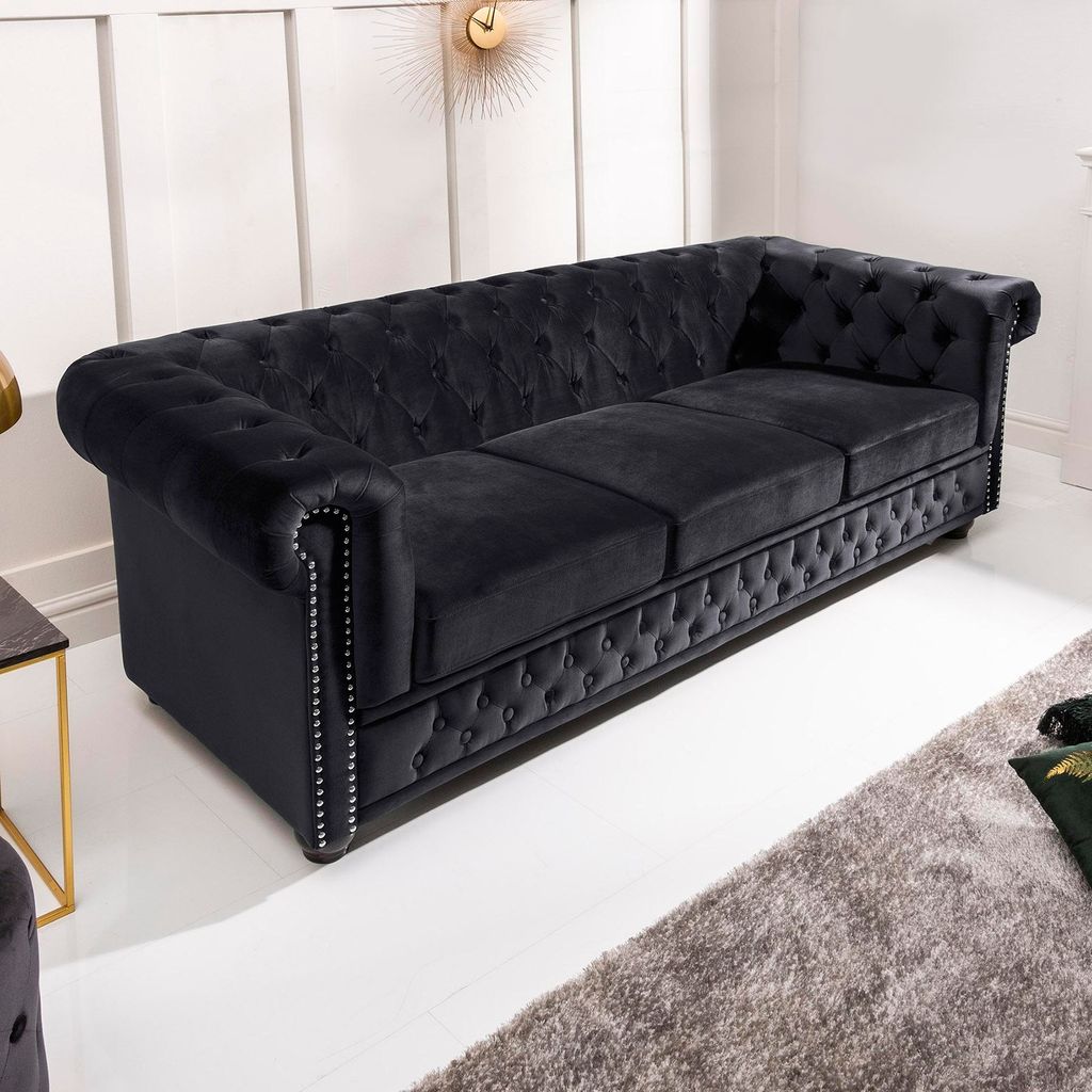 riess-ambiente Barock Sofa CHESTERFIELD 205cm schwarz Samt Federkern Knopfheftung 3-Sitzer Couch