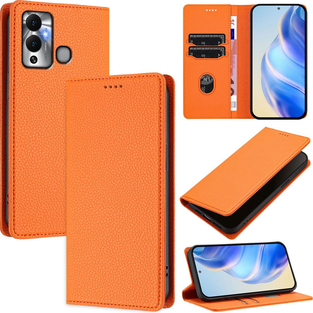 Litchi Leder Handyhülle für Infinix Hot 20 Play Wallet Kartenfächer Standfunktion Hülle Orange