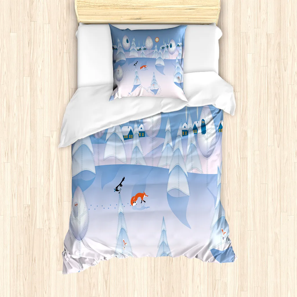 ABAKUHAUS Set copripiumino con caricature per letti singoli, Inverno nella foresta Animali, Antiacaro Adatto a chi soffre di allergie Con federa, 135 cm x 200 cm - 80 x 80 cm, Multicolore