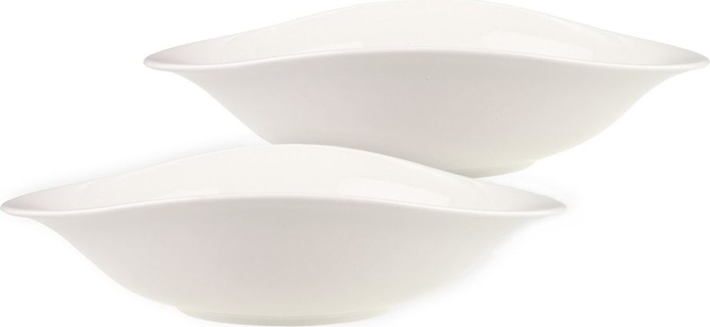 Two white ceramic bowls are stacked on a white background.