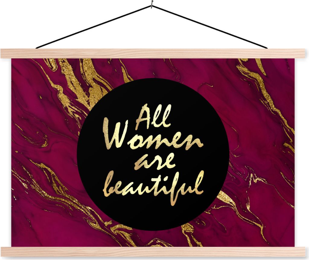 MuchoWow Textilposter Zitat - Frau - Gold - Bordeaux 120x80 cm mit holzfarbenen Rahmen - Aufhängeset